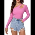 thumbnail image 1 of Camiseta de Mujer con Cuello Asimétrico, Hombros Descubiertos, Larga, Acanalada, Ajustada, para Salir, con un Solo Hombro Rosa Roja L, 1 of 10