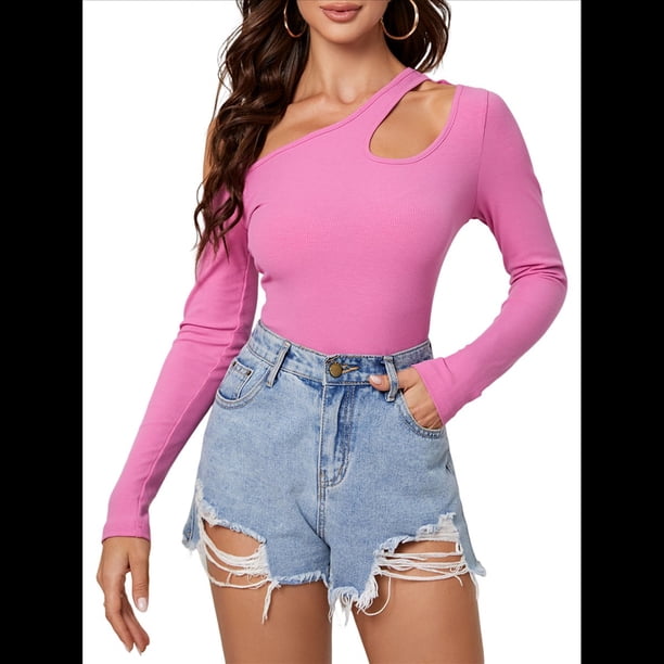 Camiseta de Mujer con Cuello Asimétrico, Hombros Descubiertos, Larga, Acanalada, Ajustada, para Salir, con un Solo Hombro Rosa Roja S