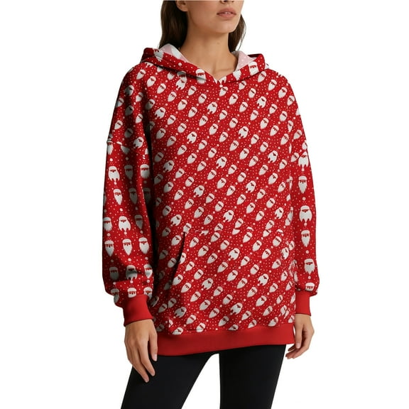 Fiaer Christmas Womens Oversized Hoodie Trendy Baggy Long Sleeve Hooded Sweatshirts Funny Graphic V Neck Pocket Xmas Tops 3-Red XS