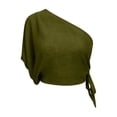 thumbnail image 7 of Women's One Shoulder Tops Short Sleeve Crop Top with Tie Side Textured Breathable Summer Blouse Olive Green M, 7 of 7