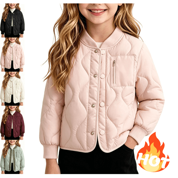 LUGOGNE Girls Quilted Puffer Jacket Snap Button Ribbed Collar Lightweight Warm Coat Wave Stitching with Chest Zip Pocket for Fall Winter School Casual Daily Outerwear Pink,7-8 Years