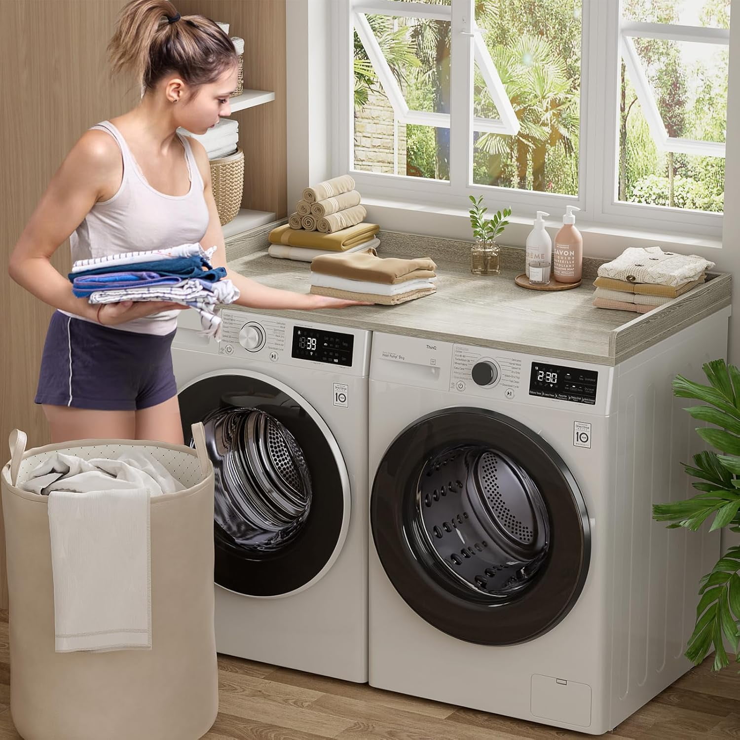 Homieasy Washer and Dryer Countertop, Laundry Room Organization with Non-Slip Pads, Wood Shelf Topper with Round Corner Edge Rails, Laundry Folding Organizer for Laundry, White Oak