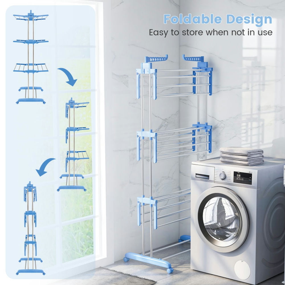 Finihen Drying Rack, Clothes Drying Rack, 4-tier Folding Clothes Drying Rack with Rotatable Side Wings, for Indoor, Outdoor, Blue Finihen Drying Rack, Clothes Drying Rack, 4-tier Folding Clothes Drying Rack with Rotatable Side Wings, for Indoor, Outdoor, Blue