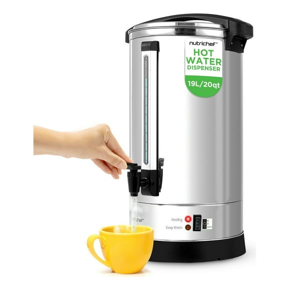 Hervidor Eléctrico de Agua Dispensador de 19L NutriChef, Calentador de Bebidas con Tapa Segura, Antigoteo, Función de Mantener Caliente, Acero Inoxidable de Grado Alimenticio, 60.5 cm x 29 cm x 29 cm