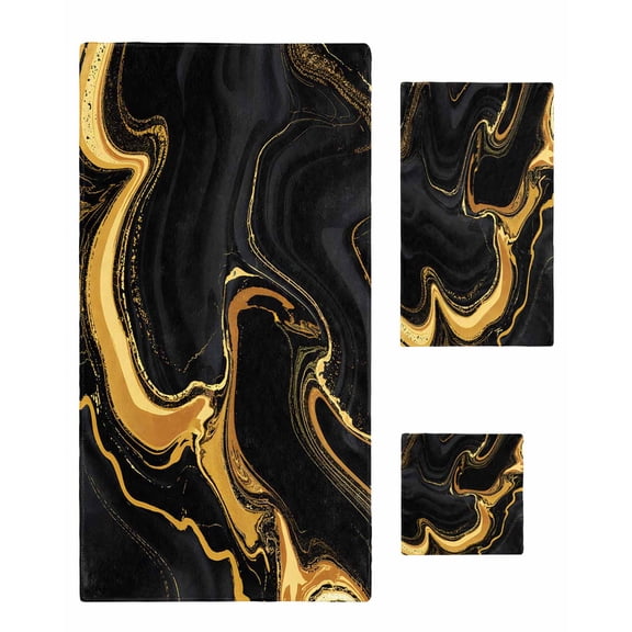 Marble Black Towel Set of 3, Soft Microfiber Bath Towels, Hand Towel, Washcloths, Vintage Gold Art Abstract Farmhouse Quick-Dry Absorbent Towels for Bathroom Kitchen Hotel Beach Gym Spa