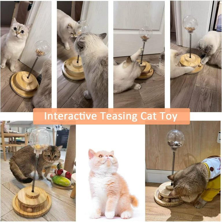 VCEPJH Interactive Cat Feeder, Cat Treat Dispenser Toy with Wooden Ball  Track Spring Ball Slow Feeder for Indoor Kitten Exercise and Playing