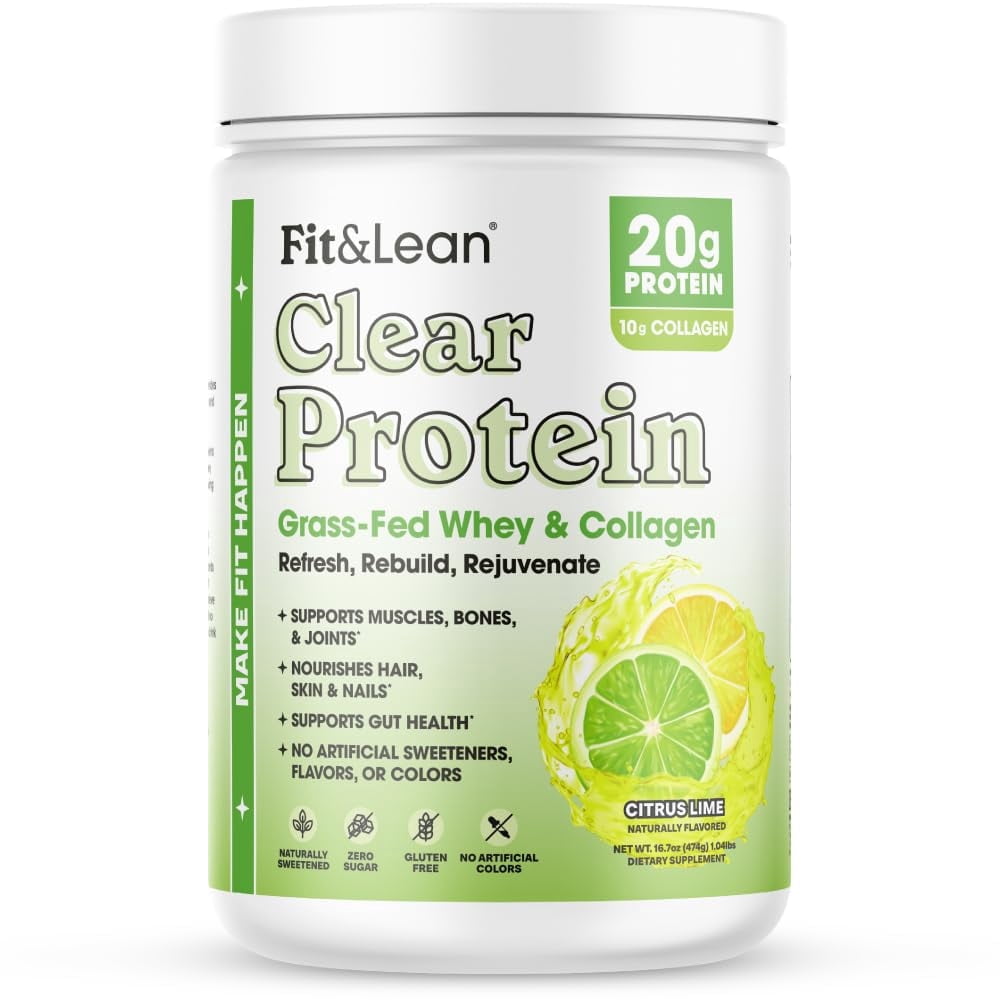 Fit & Lean Clear Protein Powder with Whey Isolate Protein and Collagen, Grass Fed, Muscle Recovery, GLP-1 Support, Citrus Lime, 20 Servings