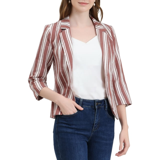 INSPIRE CHIC Women's Striped Blazer 3/4 Sleeves Casual Open Front Notched Lapel Blazer M Brown Coffee