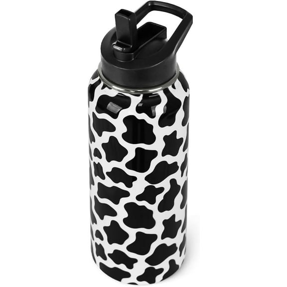 Cow Print Water Bottle with Straws Double Walled Vacuum Insulated Sports Bottle Cow Print Travel Thermal Cup Leak Proof Stainless Steel Tumbler Cow Decor Gifts-32 OZ