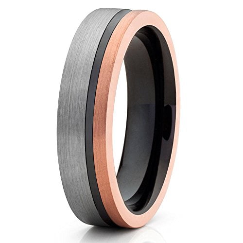 Tungsten Wedding Band Rose Gold Tungsten 6mm Men & Women Black Tungsten Ring Offset Groove Comfort Fit