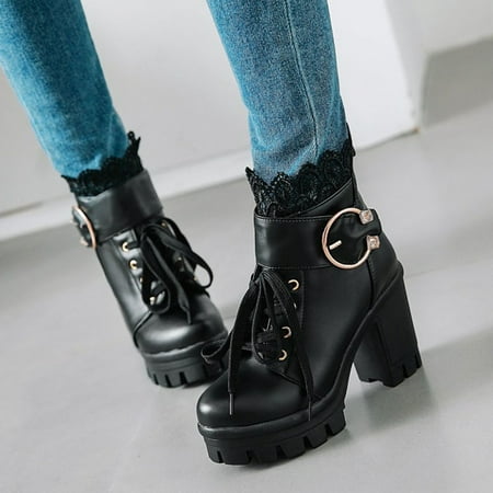 

Christmas Fashion Women s Thick High Heel Lace Up Ankle Boots Platform Lace Student Shoes
