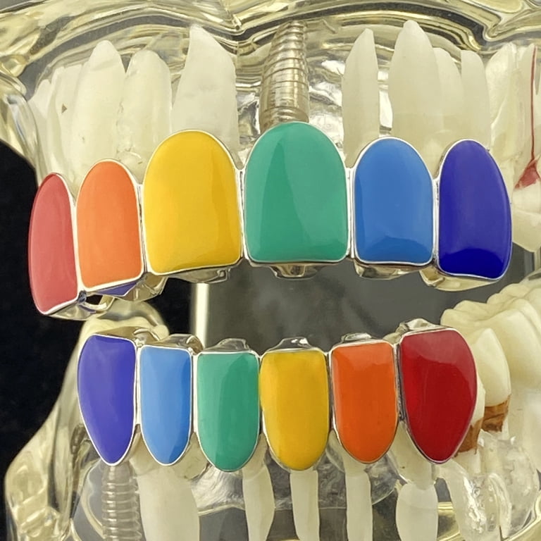 Amazon.com: Grillz Set Multi-Color Silver Tone Top & Bottom  Rainbow Colored Grillz Set Top & Bottom BRAND NEW display picture 1