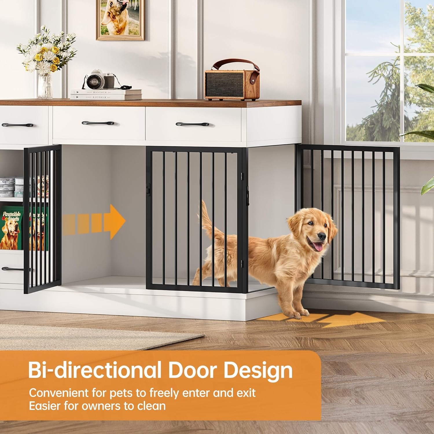 Selooye Large Dog Crate Furniture, Sturdy 2-Door 47.2" Wooden Furniture Style Crate for Dogs with 3 Storage Drawers and Hidden Feeding Bowl