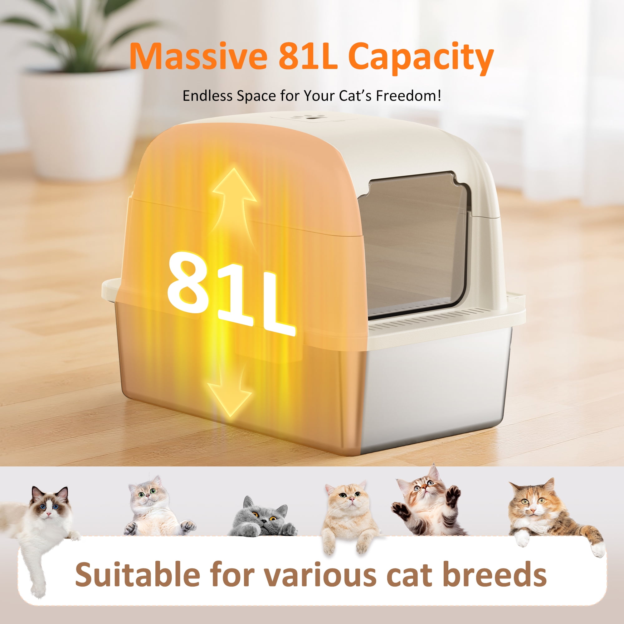 Large Stainless Steel Cat Litter Box with Scoop and Mat Set - Odor, Stain and Rust Resistant, Easy to Clean, White