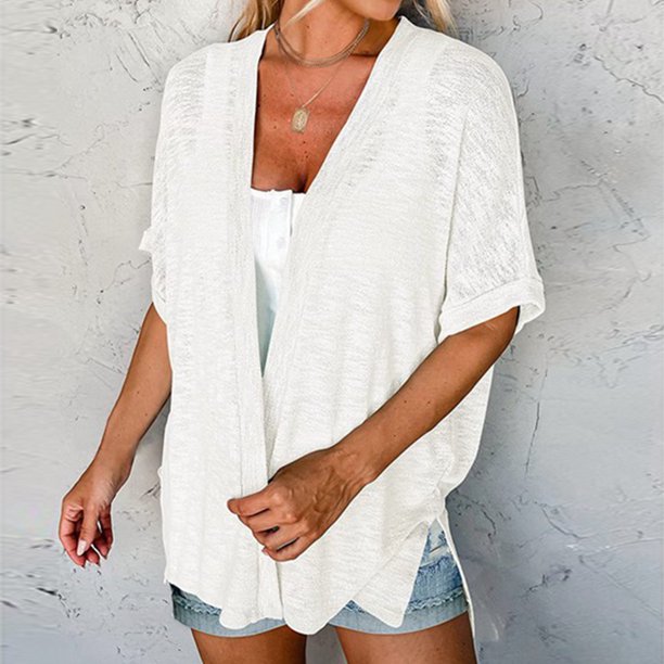 Cárdigan Top básico de ganchillo para mujer, cárdigan informal de color sólido, atuendo diario (blanco XL) Ygjytge Blanco T XL para Mujer