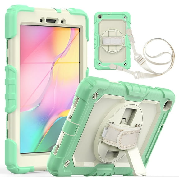 Dteck Samsung Galaxy Tab A 8.0 2019 Case with Built-in Screen Protector, Hybrid Rugged Full Body Shockproof Case 360 Degree Rotating Stand Cover Adjustable Hand Strap/Shoulder Strap,Green