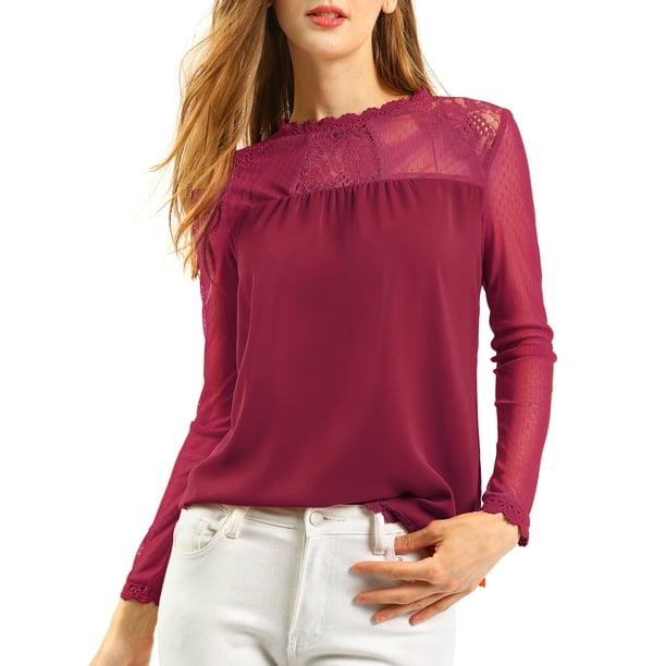 INSPIRAR CHIC Blusas Casuales de Cuello Redondo para Mujeres con Encaje Floral de Manga Larga en Chiffon Color Rojo Vino