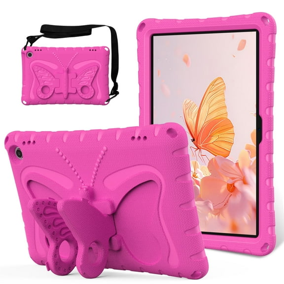 Kids Case for Amazon Kindle Fire Max 11 Case (13th Generation, 2023 Release), Cute Butterfly Design Soft EVA Rubber Kicksand Shoulder Strap Lightweight Kids Friendly Case for Girls Boys, Rose