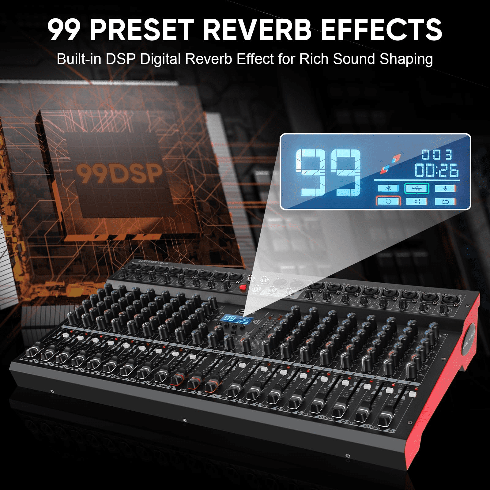 16 Channel Mixer, Professional Audio Mixing Console Studio DJ Board with Bluetooth, 99 DSP Effect,USB Recording, 48V Phantom Power, Reverb, MP3 Player for Live Sound Karaoke Performance