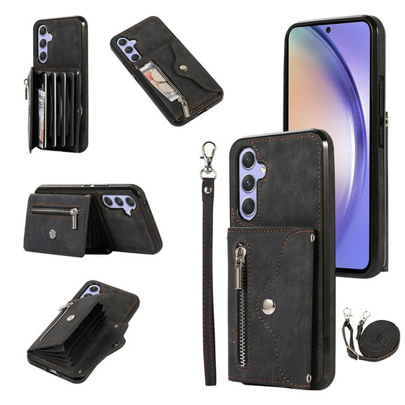 RFID BLOCKING Wallet Case for Samsung Galaxy A26 5G with Card Holder, Zipper Pocket Kickstand Function Shockproof Purse Phone Cover with Removable Shoulder Strap & Wrist Strap, Black