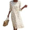 thumbnail image 2 of Ayolanni Crew Neck Fall Dresses for Women Floral 3/4 Sleeve A-Line Maxi Dress Pleated Beach Boho Flowy Long Dress Beige L, 2 of 6