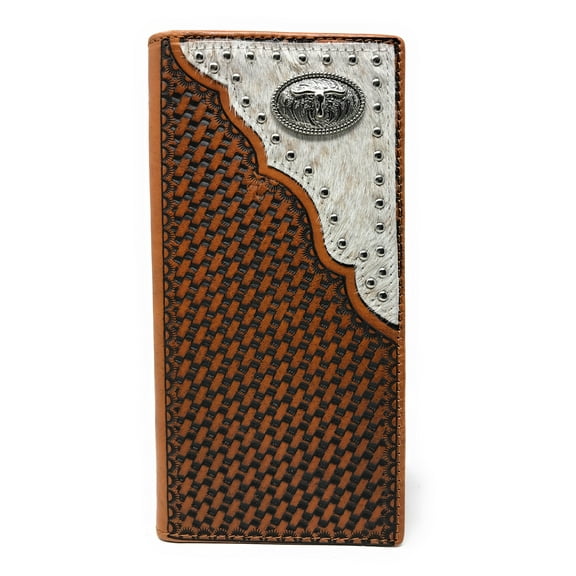Western Men's Basketweave Genuine Leather Longhorn Long Cowhide Stud Bifold Wallet