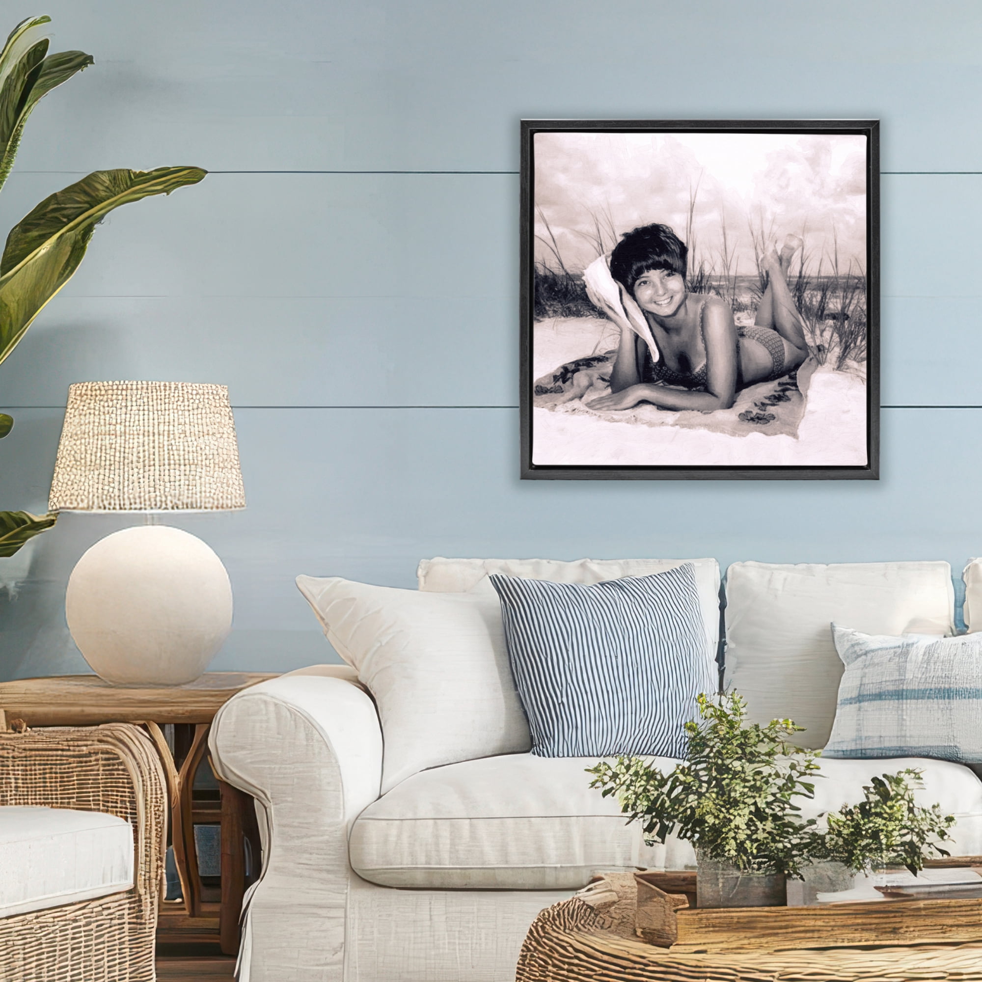 Stupell Industries Vintage Summer Girl with Conch Black Framed Floater Canvas Wall Art, design by Grotto Studios