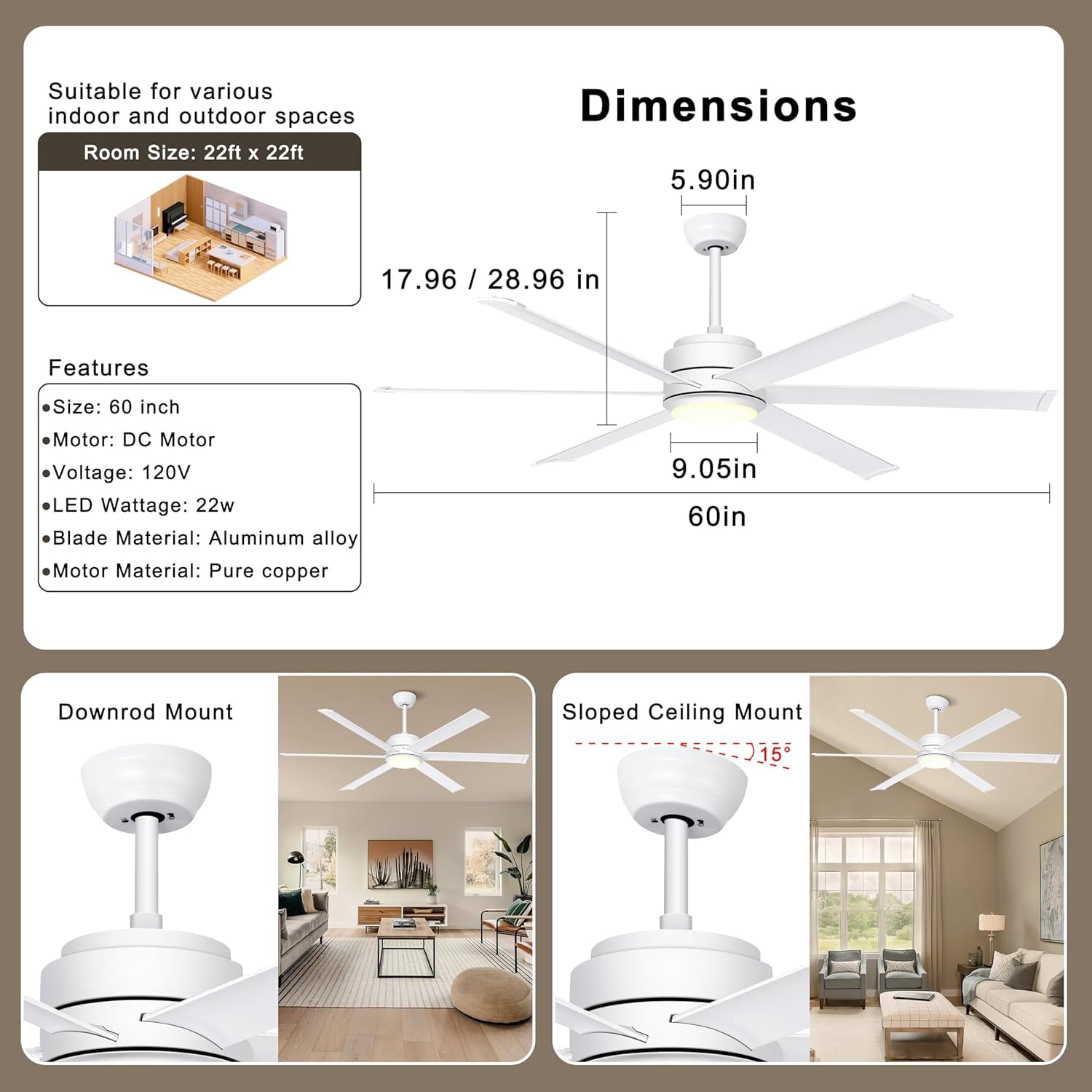 Ohniyou 60" Industrial Ceiling Fan with Lights And Remote, 6 Aluminum Blade Dimmable Farmhouse Indoor Outdoor Ceiling Fan for Patio Living Room, White
