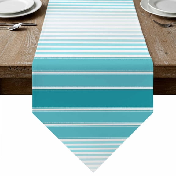 Turquoise Ombre Stripe Table Runner Linen Burlap Table Runner 36 Inches Small Farmhouse Simple Striped Dresser Scarves for Kitchen Island Coffee Dining Party Wedding Banquet Holiday Decor 13"x36"