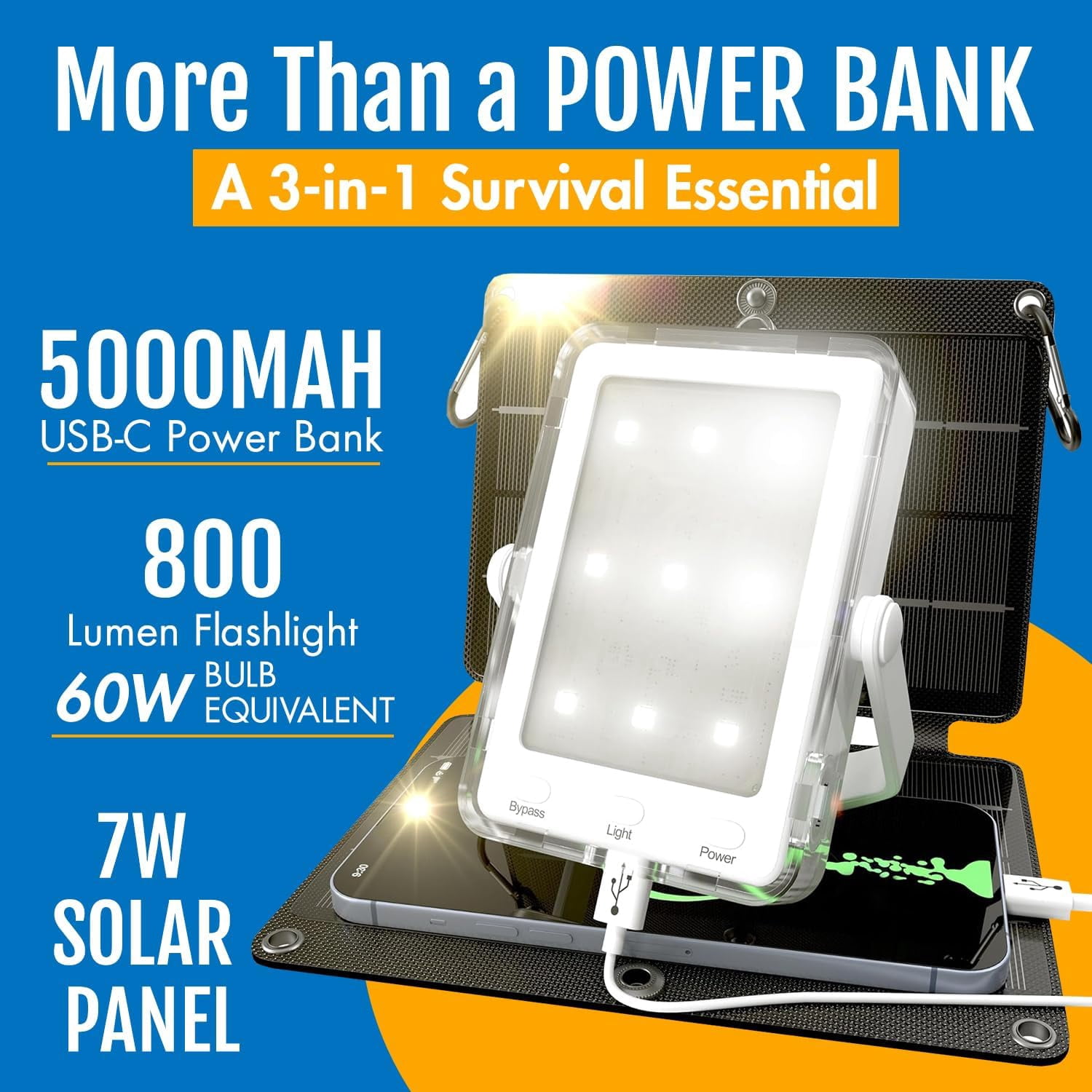 Portable Solar Panel  Power Bank Light Fast Charging 3 in 1 Survival Outdoor Camping Emergency Compact Waterproof