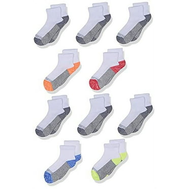 Fruit of the Loom Big Boys' 10 Pack Half Cushion Ankle Socks, White Assort, Shoe Size: 3"?9 (Large)