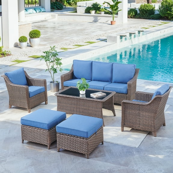 Gymojoy 6-Piece Patio Furniture Set, Oversized Outdoor Wicker Sofa with Lounge Chairs and Coffee Table, Sectional Rattan Outdoor Conversation Set for Poolside Backyard Deck, Blue