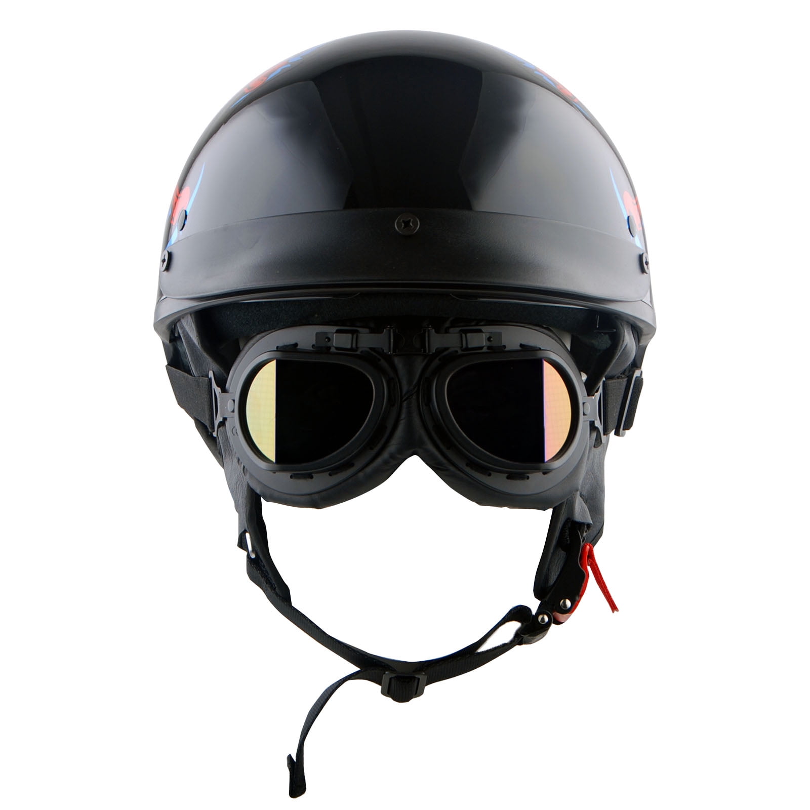 1Storm Motorcycle Half Face Helmet HKY205V Mopeds Scooter Pilot with retractable Inner Smoked Visor, Red Skull + T008 Black Tinted Goggle Bundle
