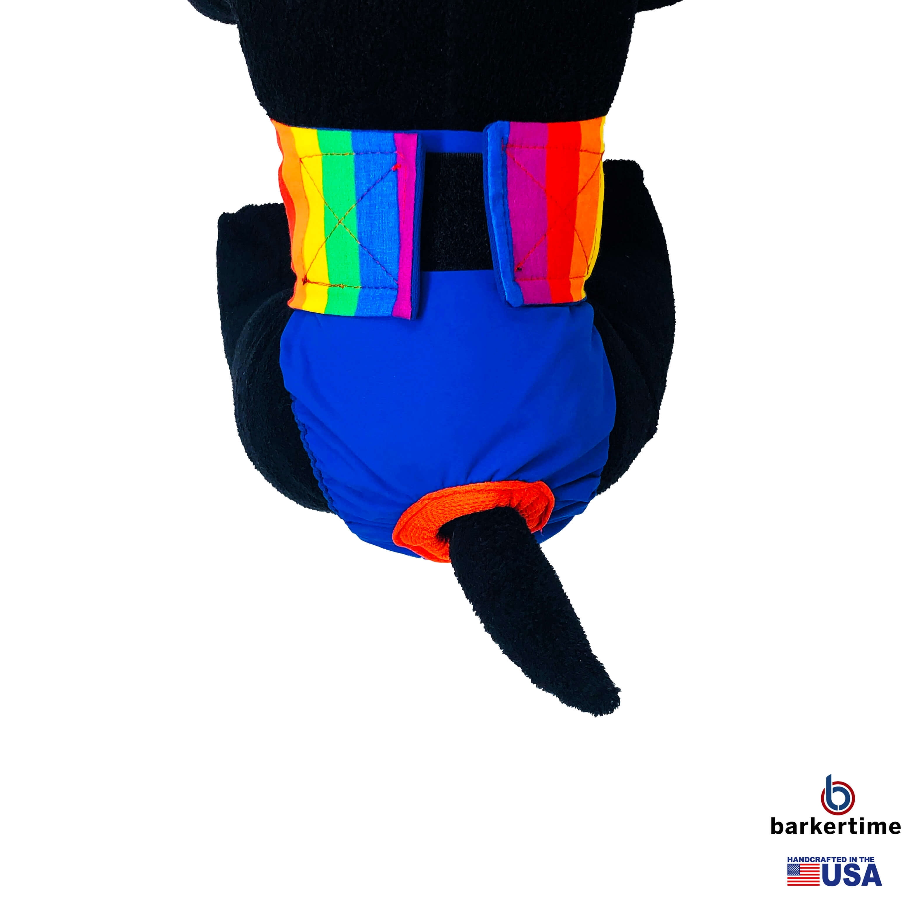 Barkertime Rainbow Stripes on Royal Blue Dog Diaper