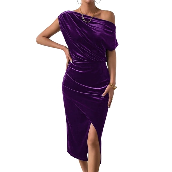 Women'S Off the Shoulder Asymmetrical Velvet Midi Dress Short Sleeve Ruched Elegant Party Dresses S