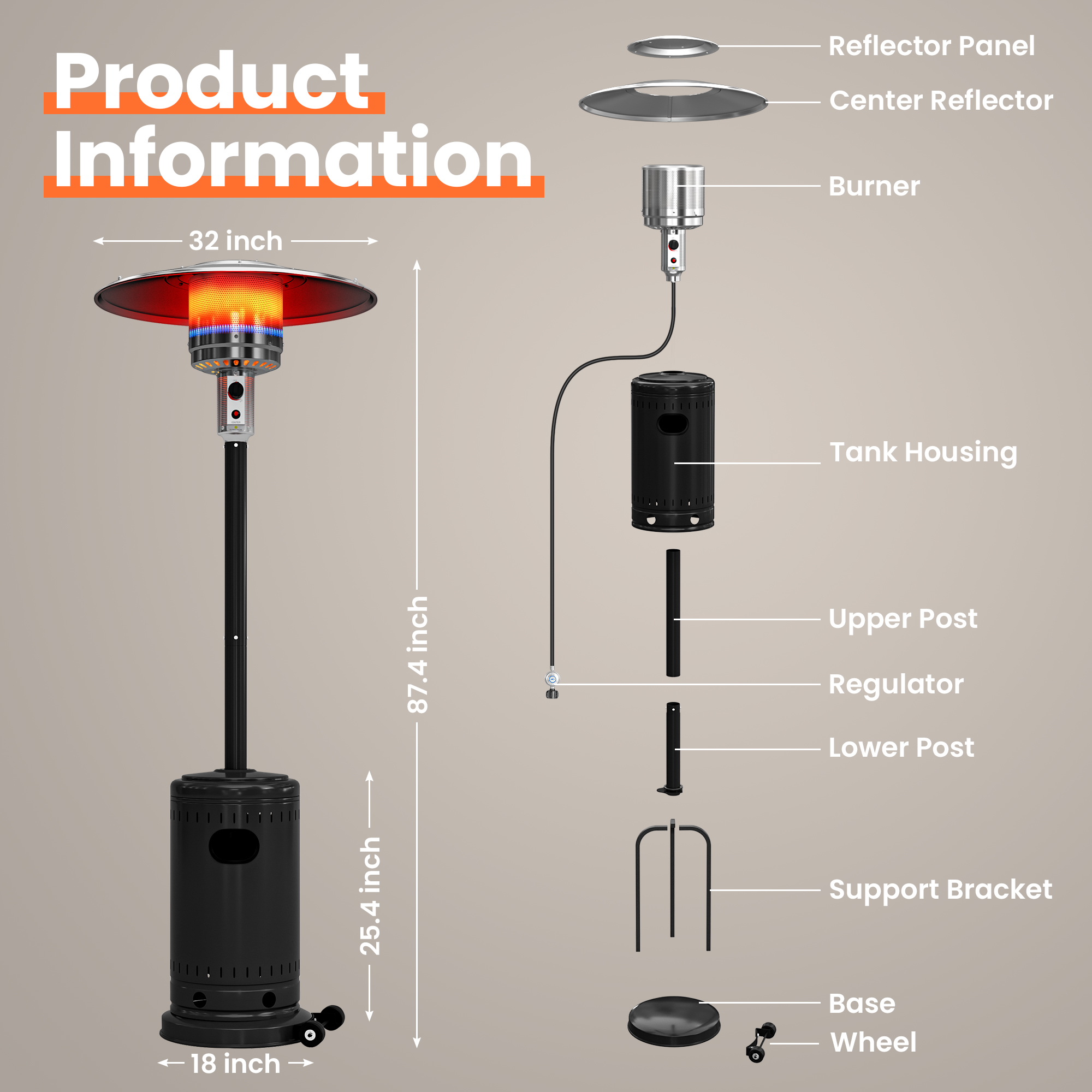 Pamapic 48,000 BTU Propane Patio Heater With Wheels, Black photo 7