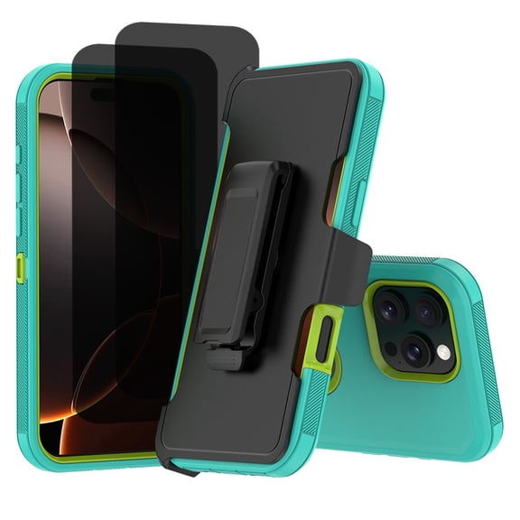 Hotpom for iPhone 14 Pro phone Case with 2 Pack Privacy Screen Protector Heavy Duty Shockproof Drop Proof Protection with Black Belt Clip, Green/ Yellow