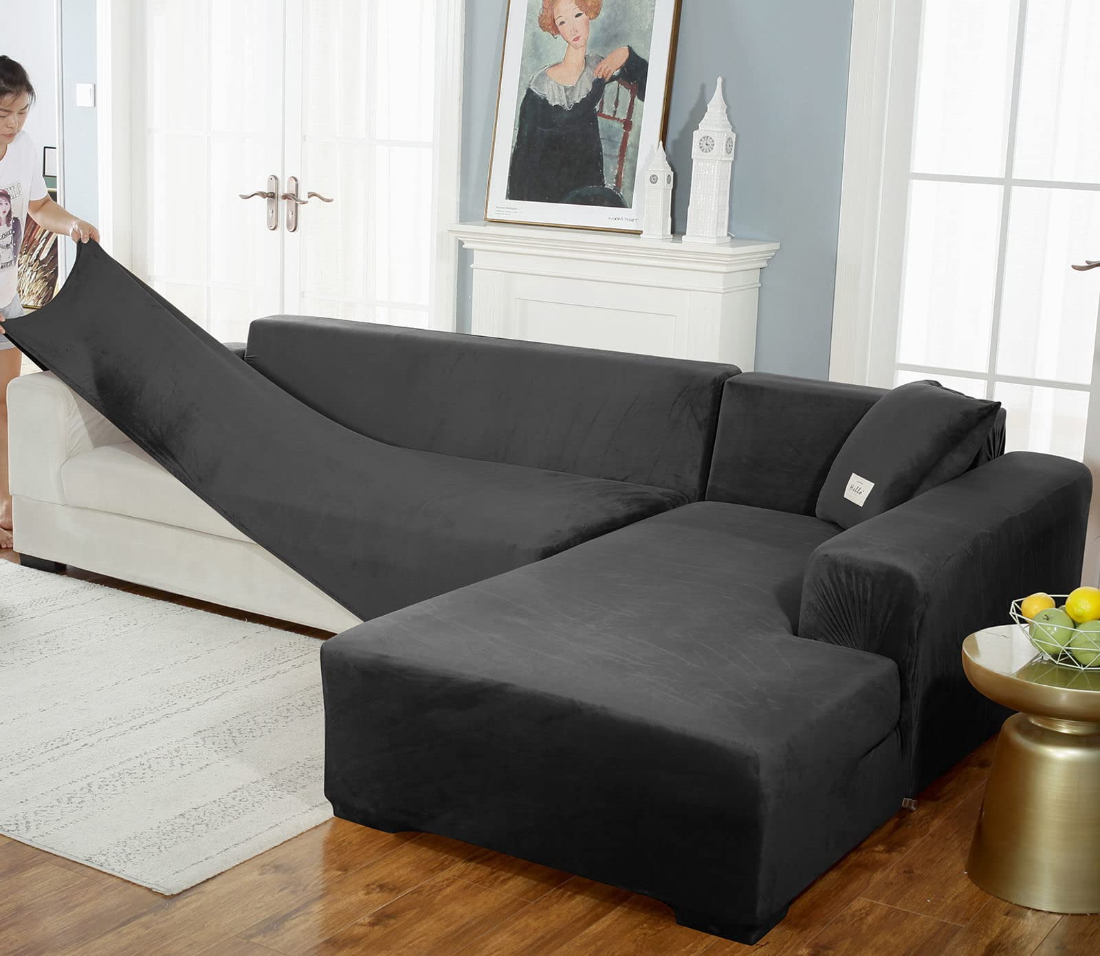 Sectional Couch Covers, Stretch Sofa Cover Velvet L-Shaped Sofa Cover Soft Non Slip Furniture Protector for Corner Sofa-Pink-3 Seater+3 Seater