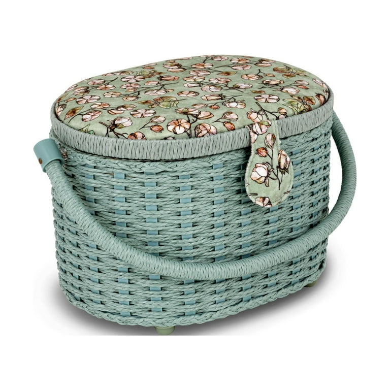 Dritz Oval Weaved Sewing Basket, Small, Soft Green Floral