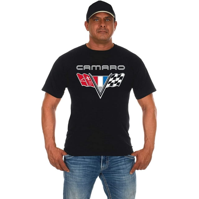 JH Design Men's Chevy Camaro Flag T-Shirt Short Sleeve Crew Neck Shirt