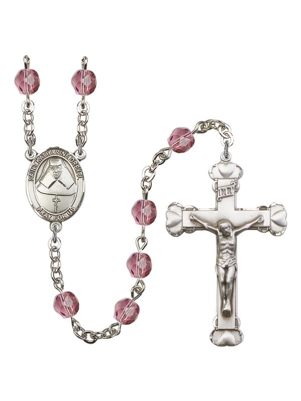 18-Inch Rhodium Plated Necklace with 6mm Light Amethyst Birthstone Beads and Sterling Silver Saint Katharine Drexel Charm. 