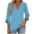 thumbnail image 4 of Mujeres 3/4 Manga de Verano Tops V Cuello Botonado Color Sólido Blusa, Camisetas Casuales de las Mujeres Suelto Ajuste Suave Respirable Primavera de Uso Diario, 4 of 9