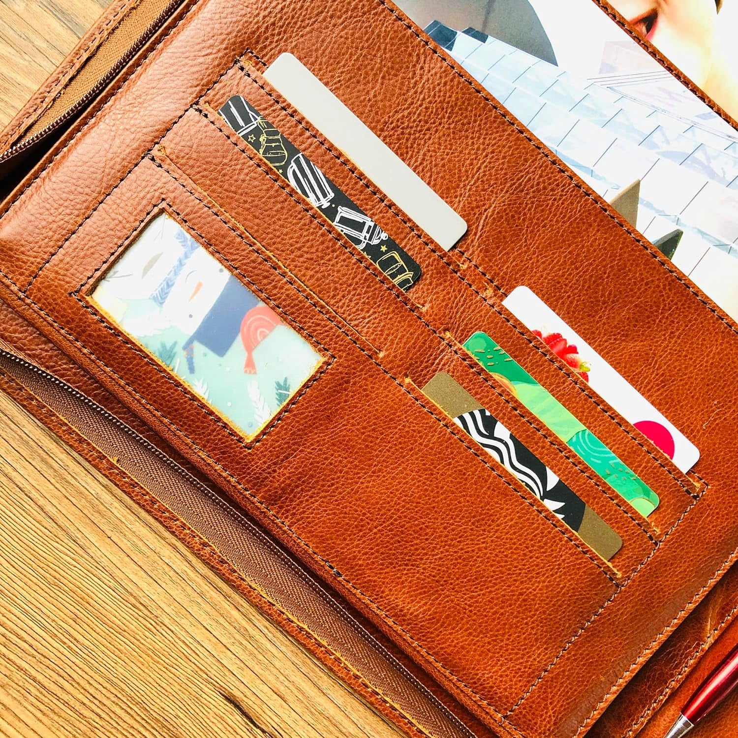 3 Ring Check Binder, Genuine Leather Check Book Portfolio for 3 Ring Binder, or 9 Ring Binder, Pilot Log Book Binder, Leather Journal for 11 1/4"x9" (Custom Logo/Name, Oil Wax Brown)