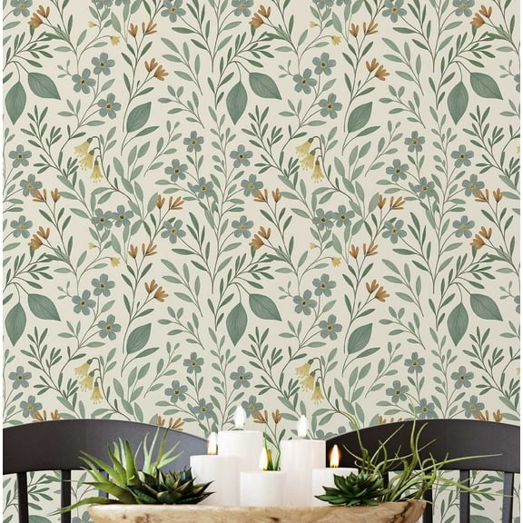 S4Sassy Peel & Stick Vinyl Wallpaper, Chic Floral Vine Print Wallpaper Contact Paper Waterproof - Green, 25"x120", Finish, Wall Covering for Home Decor in Bedrooms, Renter Spaces, Cabinets
