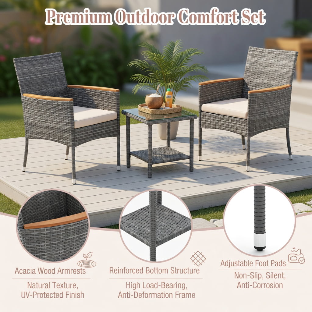 Hommoo 5-Piece Outdoor Patio Conversation Set with PE Rattan Armchairs, Ottoman Footrests & Tempered Glass Side Table, Weather-Resistant, Space-Saving, Easy-Clean Cushions, Brown
