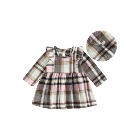 

Calsunbaby 2Pcs Kids Girls Casual Dress Plaid Printed Long Sleeve Round Neck Ruffle Dress with Beret Clothes Sets Pink Plaid 2-3 Years