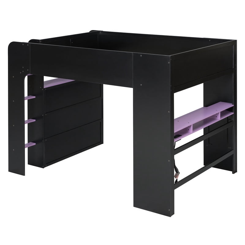 Full Size Wood Loft Bed with Desk, Wardrobe and Storage, Height Adjustable Gaming Loft Bed with USB Charging Port, RGB LED Light Strip, PC Tower Space and Shelves for Bedroom