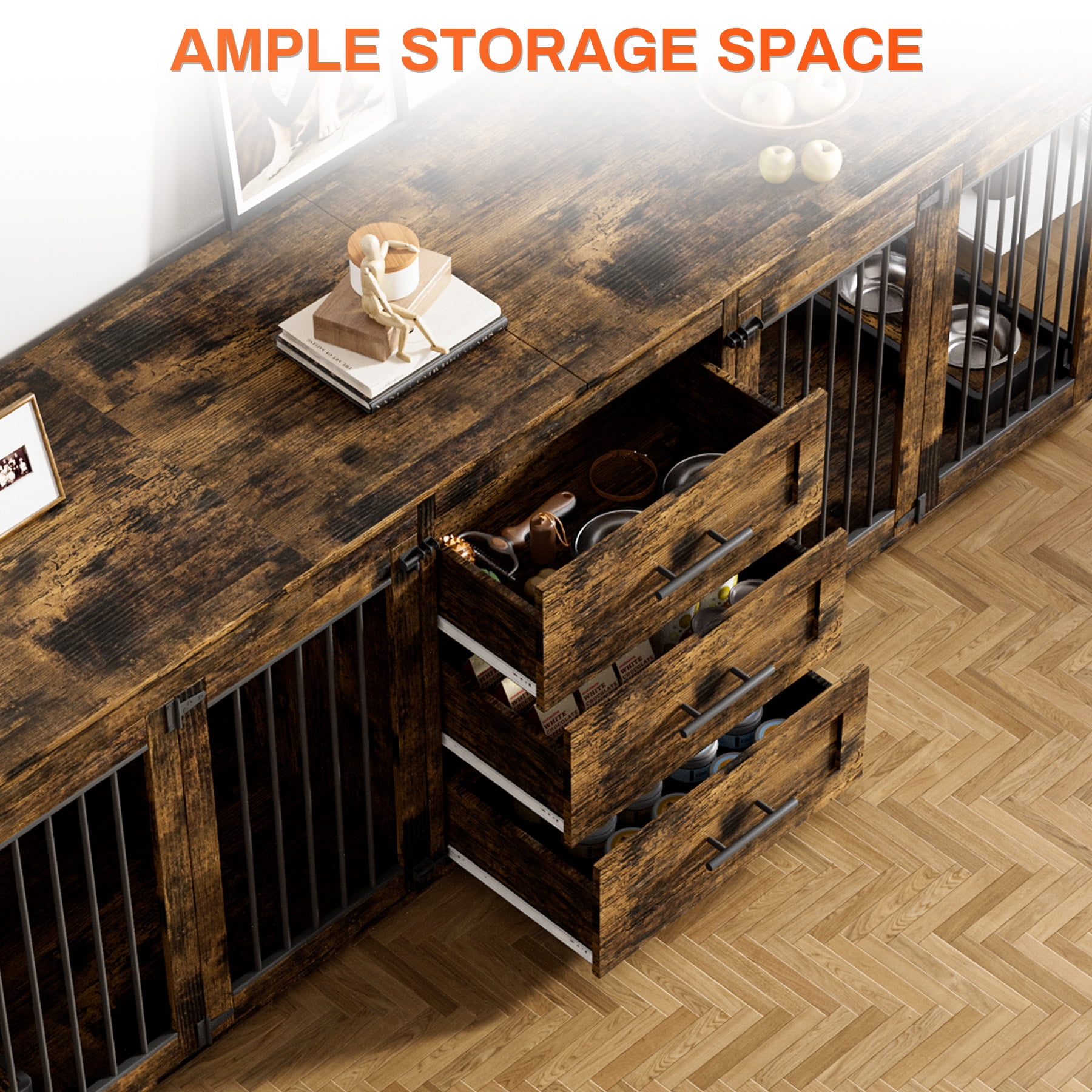 Rophefx 95.4" Dog Crate Furniture for 2 Dogs,Large Kennel with 3 Drawers and 4 Bowls,Wooden Heavy Duty Indoor Dog House,Brown