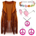 thumbnail image 1 of Women 60s 70s Hippie Outfits Costume Set Cowgirl Top Fringe Vest Tassels Cardigan Peace Sign Accessory Set with Sunglass rose red XXXL, 1 of 4