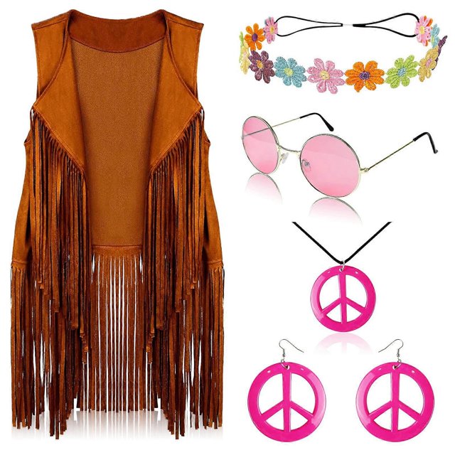 Women 60s 70s Hippie Outfits Costume Set Cowgirl Top Fringe Vest Tassels Cardigan Peace Sign Accessory Set with Sunglass rose red XXXL